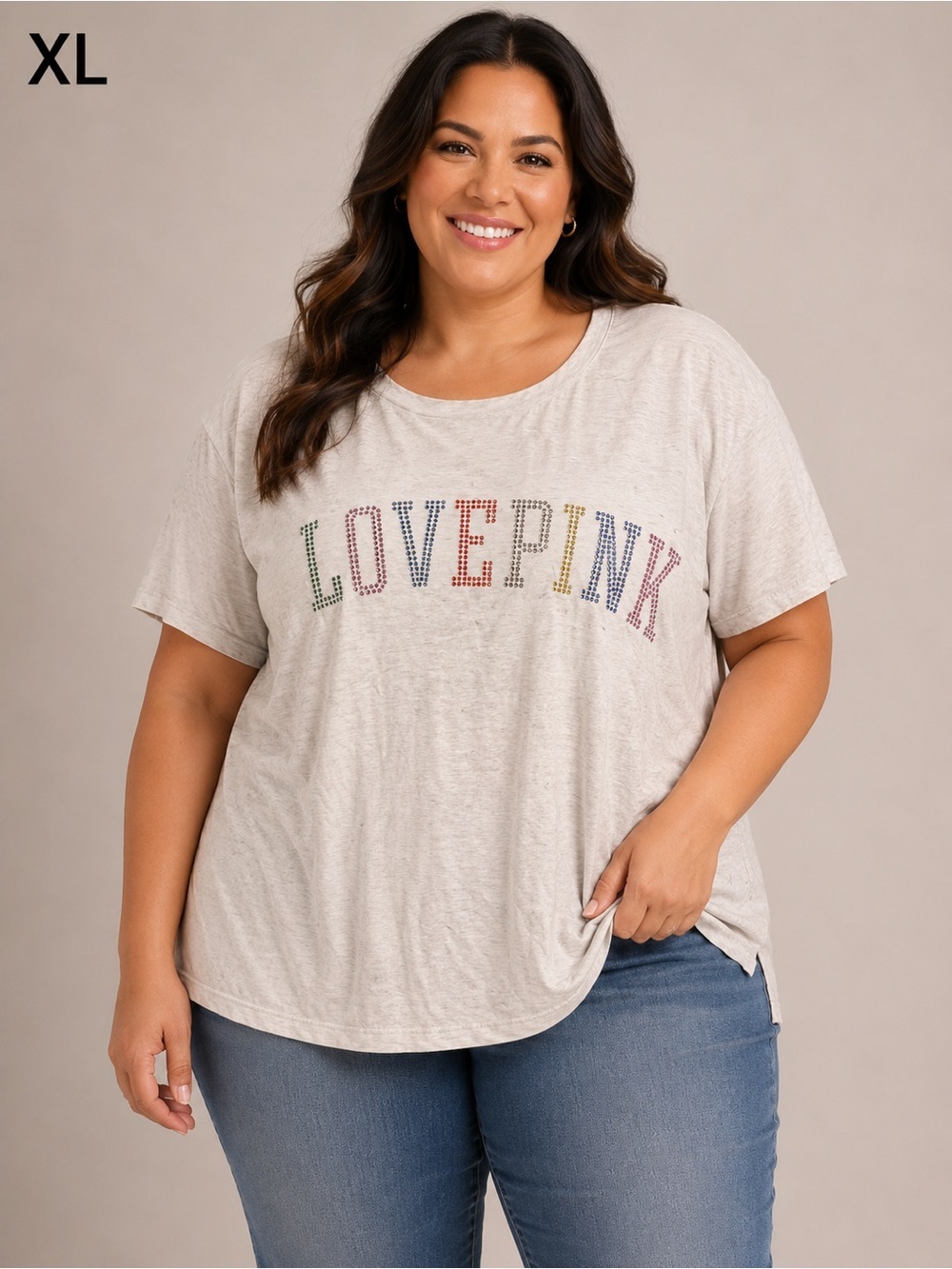 PINK Victoria's Secret Light Gray 'LOVE PINK' Tee with Multicolor Stud Detail XL